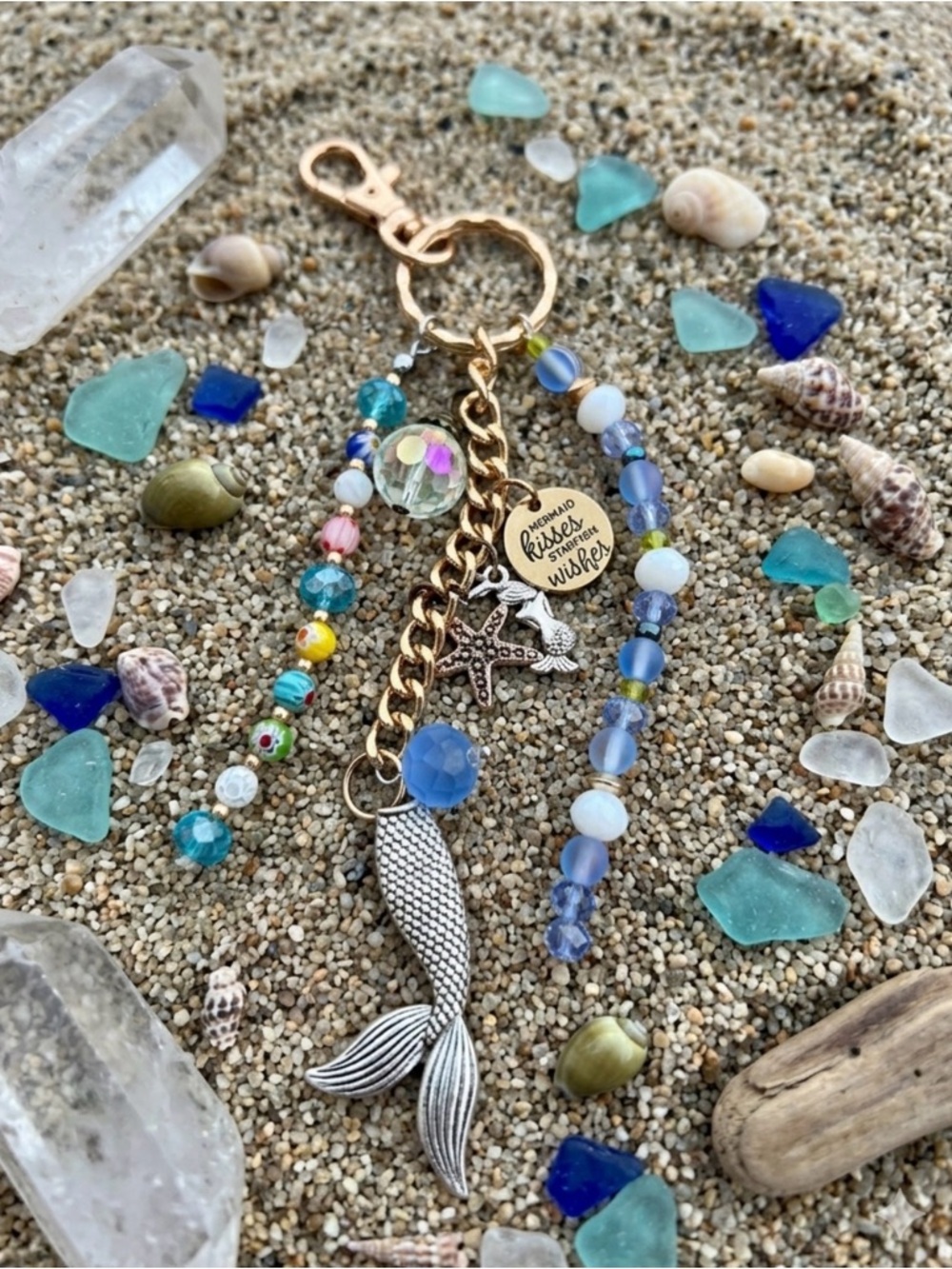 Seaside Mermaid Tail Bag/Key Charms with Beaded Tassels